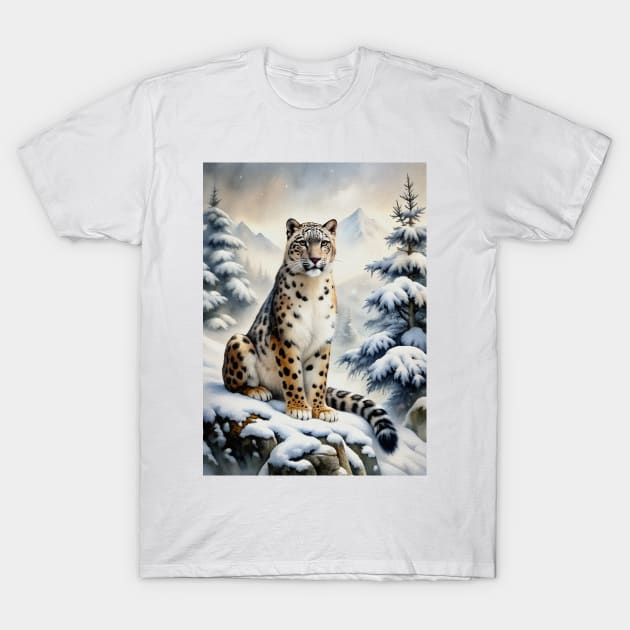 A Proud Snow Leopard Went Hunting, in the Snowy forest, Hight Mountains, Snow Falling, Winter Landscape, Wildlife White Panthera, Watercolor Realistic Illustration, Art, Portrait, Poster, Shirt, Christmas Holiday, Birthday gifts, Hunting lover T-Shirt by sofiartmedia